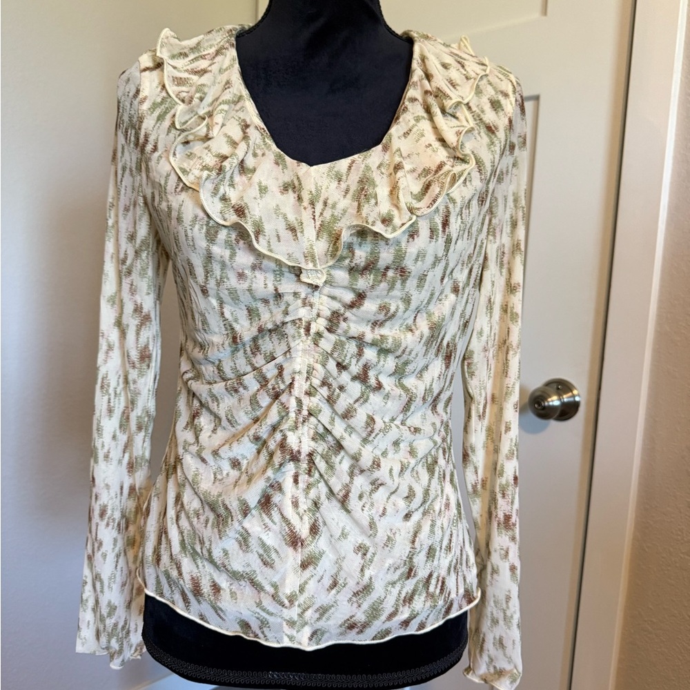 CAbi Cream and Brown Ruffled Blouse